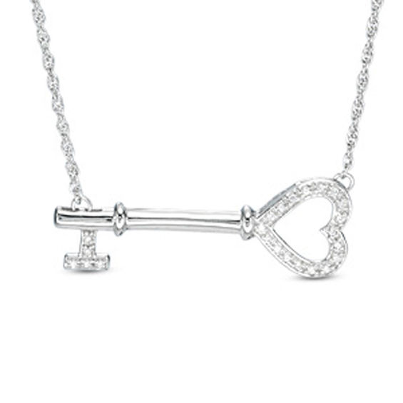 0.09 CT. T.W. Diamond Sideways Heart Key Necklace in Sterling Silver