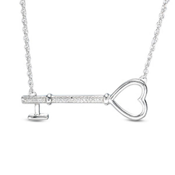 Diamond Accent Sideways Heart Key Necklace in Sterling Silver