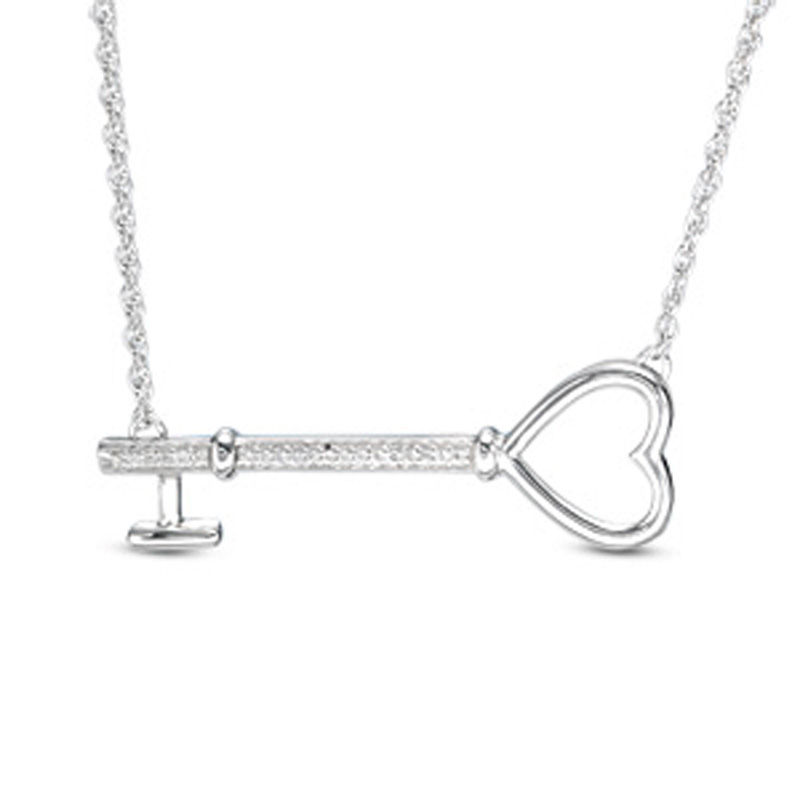 Diamond Accent Sideways Heart Key Necklace in Sterling Silver|Peoples Jewellers