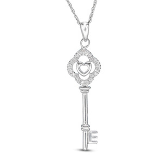 Diamond Accent Heart Key Pendant in Sterling Silver