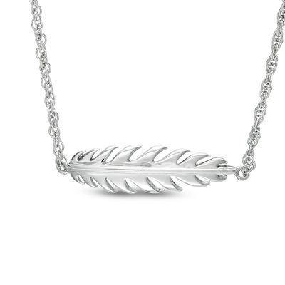 Sideways Feather Necklace in 10K White Gold