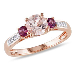 6.0mm Morganite, Pink Tourmaline and Diamond Accent Three Stone Ring in 10K Rose Gold