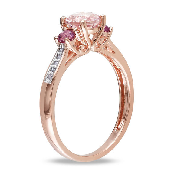 6.0mm Morganite, Pink Tourmaline and Diamond Accent Three Stone Ring in 10K Rose Gold