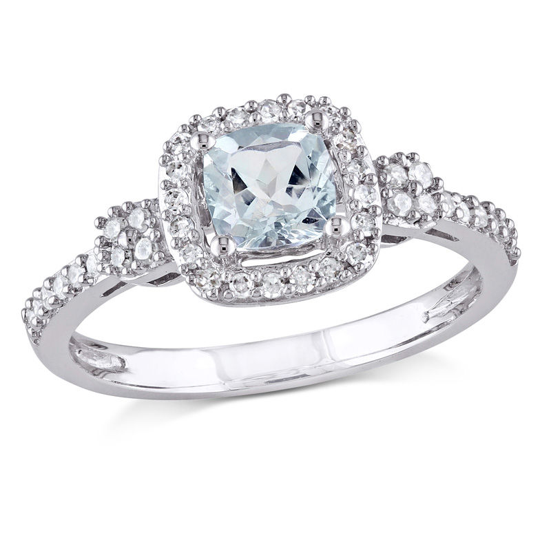 5.0mm Cushion-Cut Aquamarine and 0.16 CT. T.W. Diamond Frame Ring in 10K White Gold|Peoples Jewellers