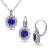 Thumbnail Image 0 of Oval Lab-Created Blue and White Sapphire with Diamond Accent Sunburst Pendant and Drop Earrings Set in Sterling Silver