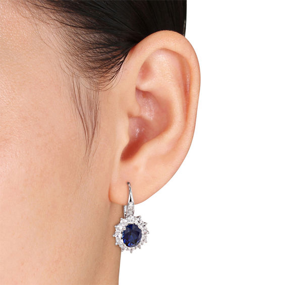 Oval Lab-Created Blue and White Sapphire with Diamond Accent Sunburst Pendant and Drop Earrings Set in Sterling Silver