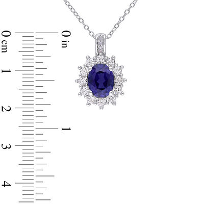 Oval Lab-Created Blue and White Sapphire with Diamond Accent Sunburst Pendant and Drop Earrings Set in Sterling Silver