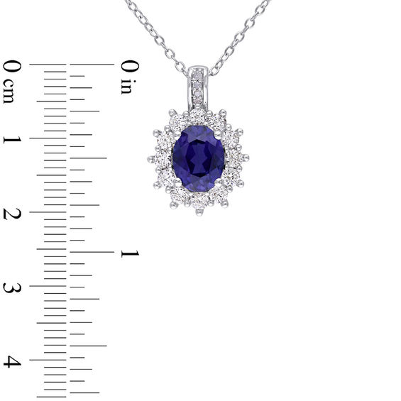 Oval Lab-Created Blue and White Sapphire with Diamond Accent Sunburst Pendant and Drop Earrings Set in Sterling Silver