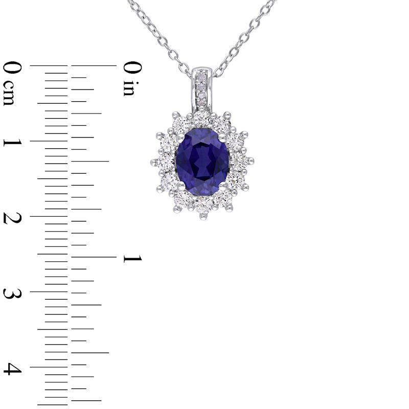 Oval Lab-Created Blue and White Sapphire with Diamond Accent Sunburst Pendant and Drop Earrings Set in Sterling Silver|Peoples Jewellers