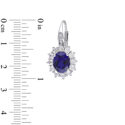 Oval Lab-Created Blue and White Sapphire with Diamond Accent Sunburst Pendant and Drop Earrings Set in Sterling Silver