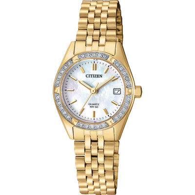 Ladies' Citizen Quartz Crystal Accent Gold-Tone Watch with Mother-of-Pearl Dial (Model: EU6062-50D)