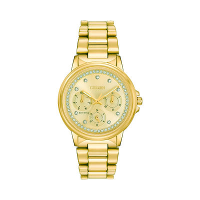 Ladies' Citizen Eco-Drive® Silhouette Crystal Accent Gold-Tone Watch (Model: FD2042-51P)