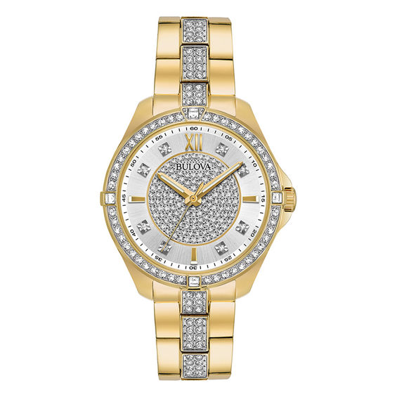 Ladies' Bulova Crystal Accent Gold-Tone Watch with Silver-Tone Dial (Model: 98L228)