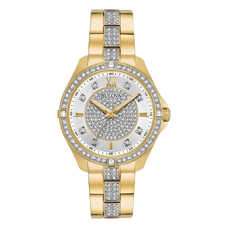 Ladies' Bulova Crystal Accent Gold-Tone Watch with Silver-Tone Dial (Model: 98L228)