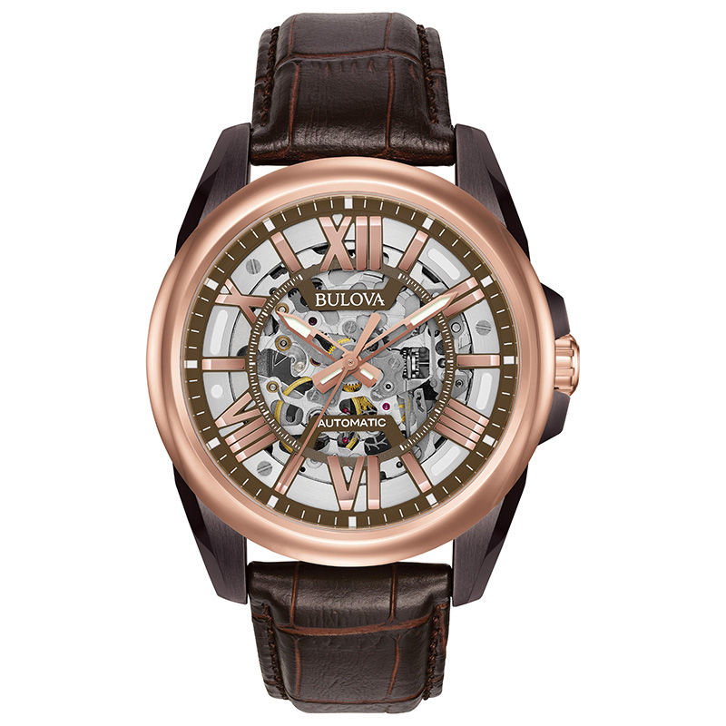 Men's Bulova Automatic Two-Tone Strap Watch with Brown Skeleton Dial (Model: 98A165)