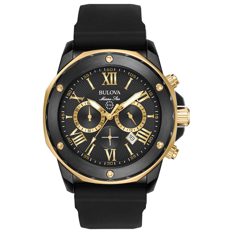 Men's Bulova Marine Star Chronograph Two-Tone Strap Watch with Black Dial (Model: 98B278)