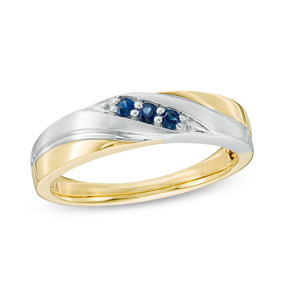 Men's Blue Sapphire Three Stone Slant Wedding Band in 10K Two-Tone Gold