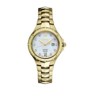 Ladies' Seiko Coutura Solar Diamond Accent Gold-Tone Watch with Mother-of-Pearl Dial (Model: SUT310)