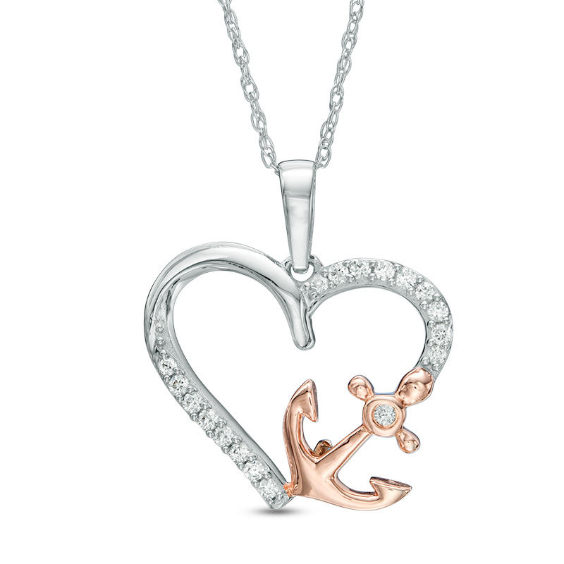 0.11 CT. T.W. Diamond Heart with Side Anchor Pendant in 10K Two-Tone Gold|Peoples Jewellers