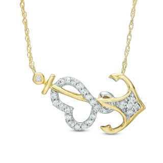 0.15 CT. T.W. Diamond Sideways Intertwined Heart and Anchor Necklace in 10K Two-Tone Gold