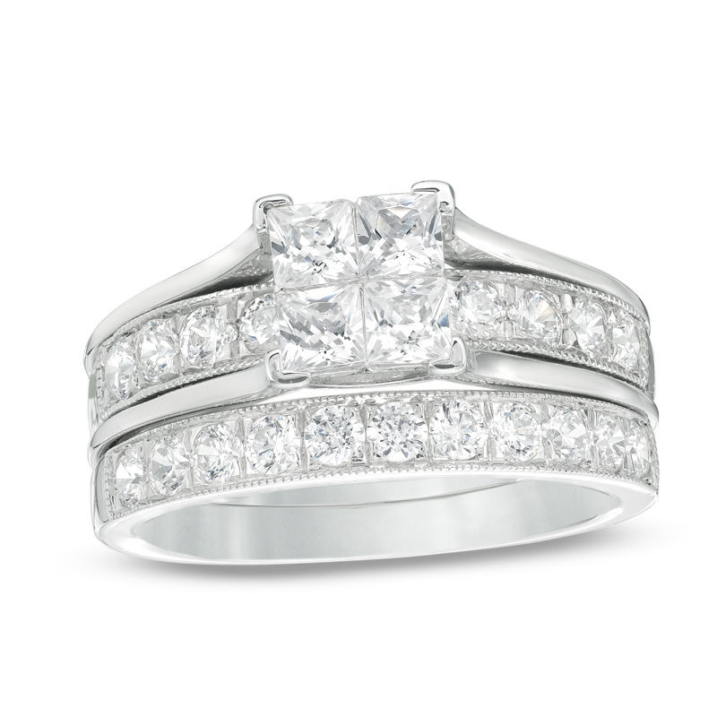 1.75 CT. T.W. Quad Princess-Cut Diamond Vintage-Style Bridal Set in 14K White Gold|Peoples Jewellers