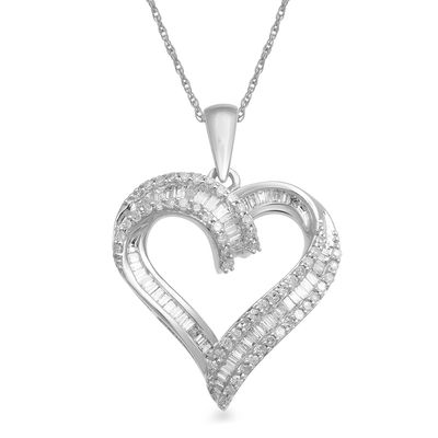 0.25 CT. T.W. Baguette and Round Diamond Heart Pendant in 10K White Gold