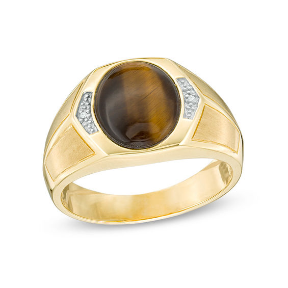 Men's Oval Tiger's Eye and Diamond Accent Signet Ring in 10K Gold