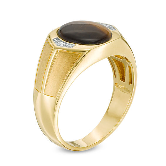 Men's Oval Tiger's Eye and Diamond Accent Signet Ring in 10K Gold