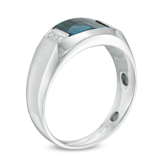 Men's Barrel-Cut London Blue Topaz and Diamond Accent Ring in 10K White Gold