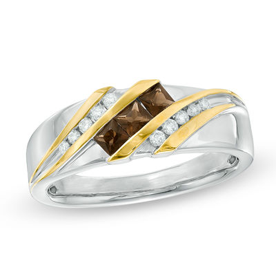 Men's Smoky Quartz and 0.15 CT. T.W. Diamond Three Stone Slant Band in 10K Two-Tone Gold