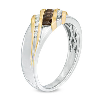 Men's Smoky Quartz and 0.15 CT. T.W. Diamond Three Stone Slant Band in 10K Two-Tone Gold