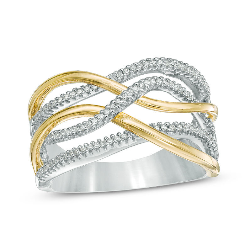 0.15 CT. T.W. Diamond Wavy Crossover Band in Sterling Silver and 10K Gold|Peoples Jewellers