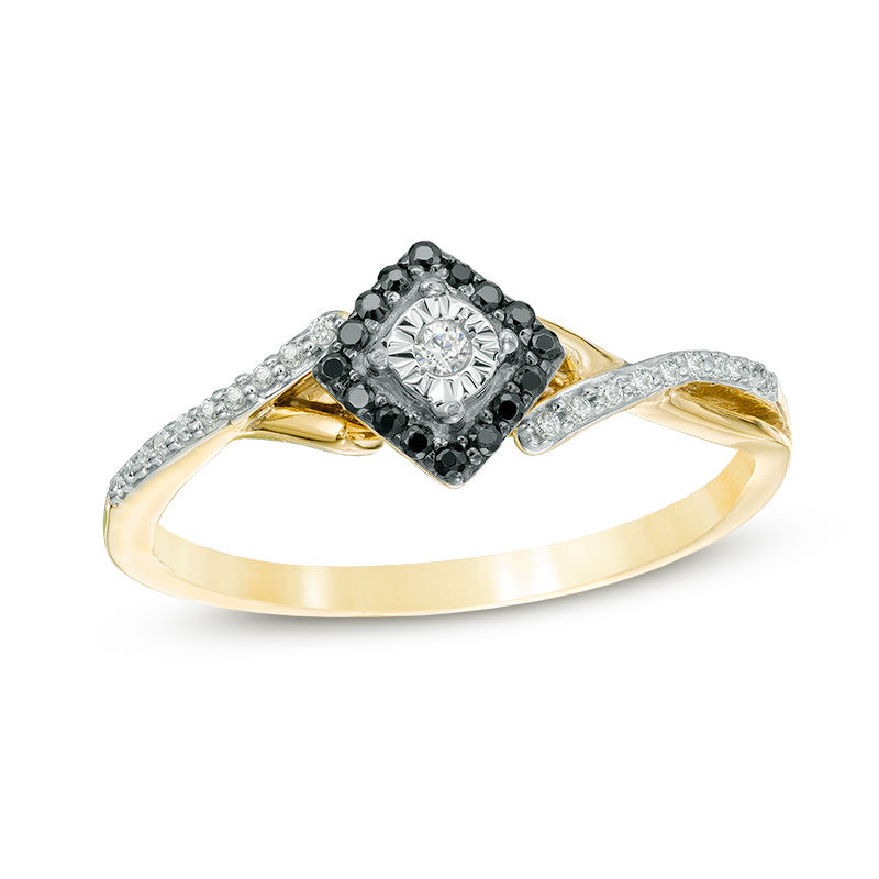 0.15 CT. T.W. Enhanced Black and White Composite Diamond Tilted Square Twist Ring in 10K Gold|Peoples Jewellers