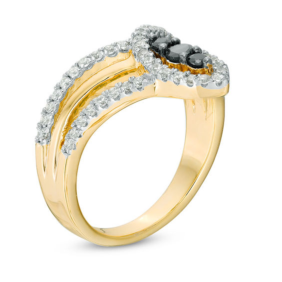 0.45 CT. T.W. Enhanced Black and White Diamond Three Stone Marquise Chevron Ring in 10K Gold