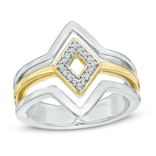 Diamond Accent Triple Row Geometric Diamond Shape Ring in Sterling Silver and 10K Gold