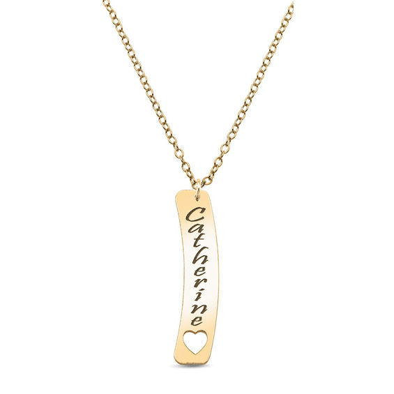 Personalized Linear Bar with Cut-Out Heart Pendant in 10K White or Yellow Gold (3-9 Characters)