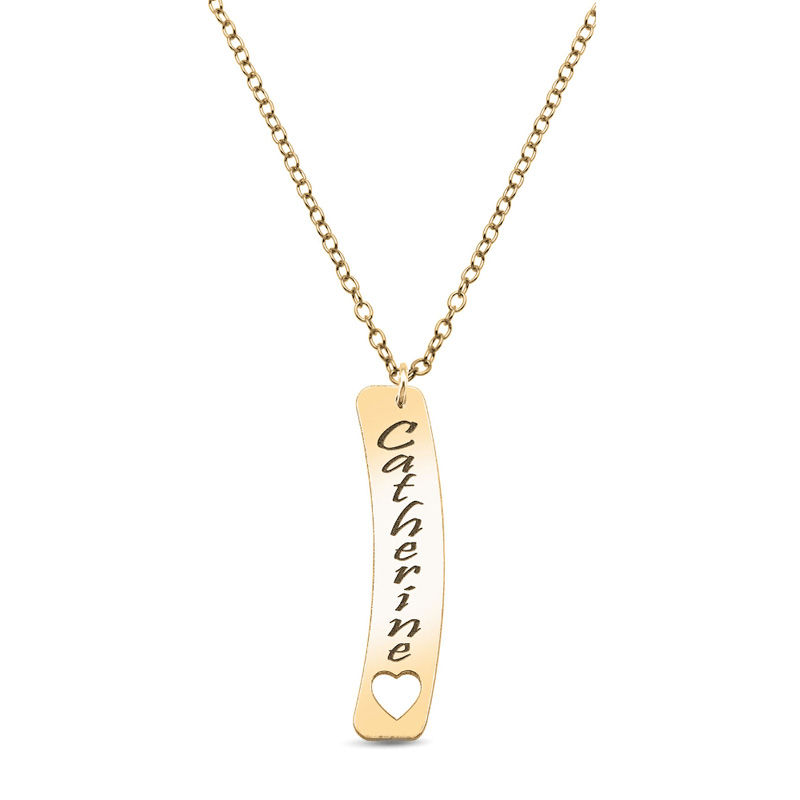 Personalized Linear Bar with Cut-Out Heart Pendant in 10K White or Yellow Gold (3-9 Characters)|Peoples Jewellers