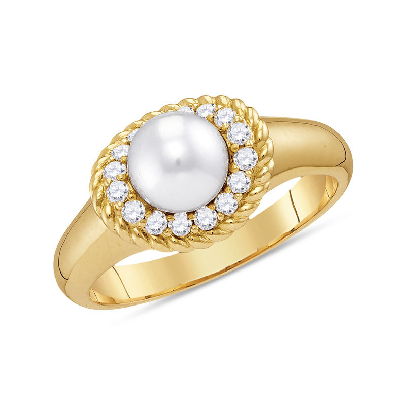 7.0mm Grey Freshwater Cultured Pearl and 0.22 CT. T.W. Diamond Rope Frame Ring in 10K Gold|Peoples Jewellers