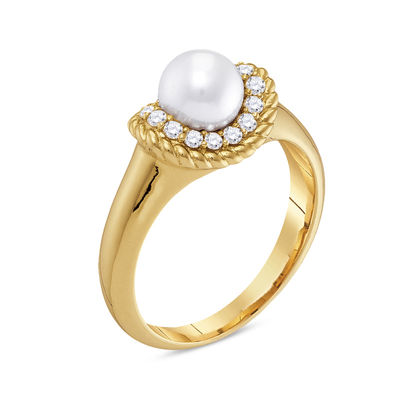 7.0mm Grey Freshwater Cultured Pearl and 0.22 CT. T.W. Diamond Rope Frame Ring in 10K Gold