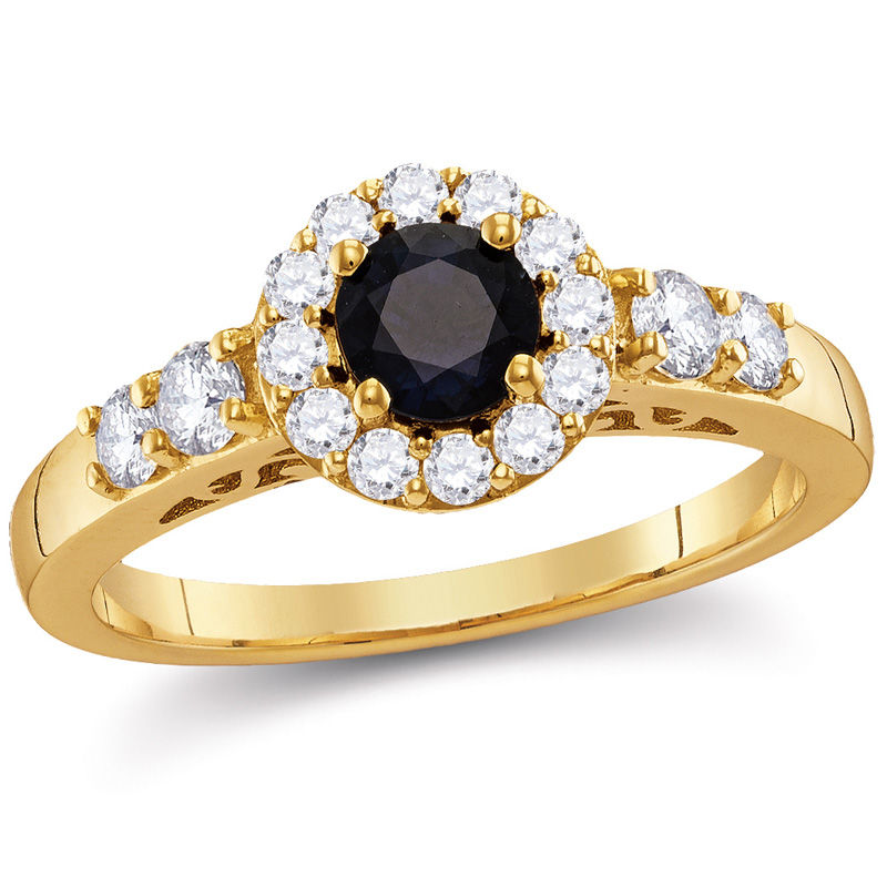 5.0mm Blue Sapphire and 0.48 CT. T.W. Diamond Frame Ring in 14K Gold|Peoples Jewellers