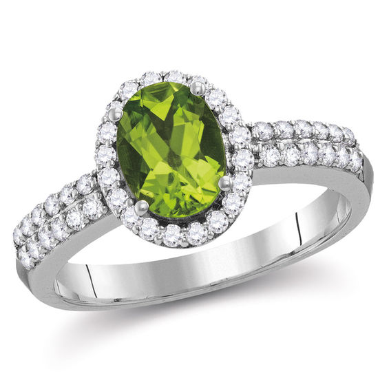 Oval Peridot and 0.41 CT. T.W. Diamond Frame Ring in 14K White Gold