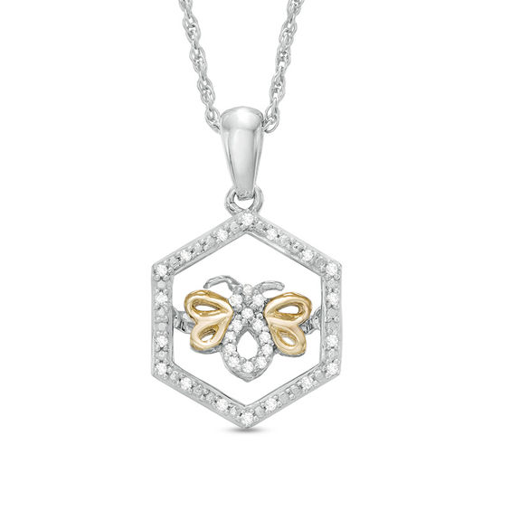 Unstoppable Love™ Diamond Accent Hexagon Frame Bee Pendant in Sterling Silver and 10K Gold