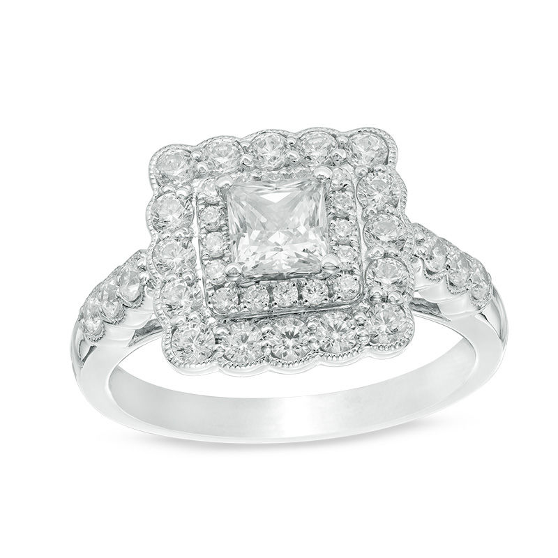 Main Image 1 of 1.33 CT. T.W. Princess-Cut Diamond Scallop Frame Engagement Ring in 14K White Gold