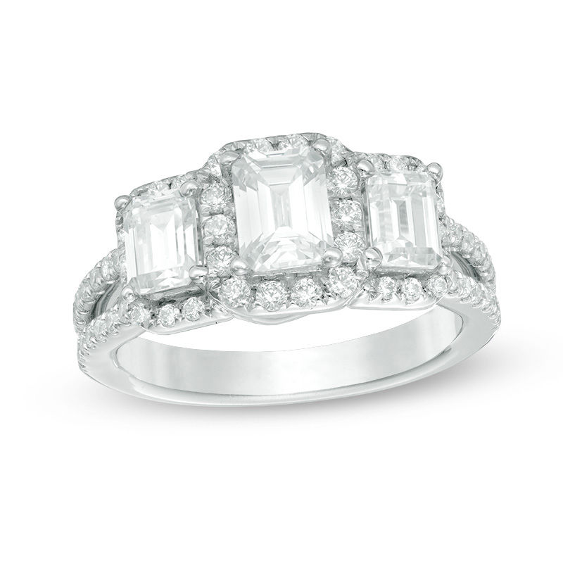 2.20 CT. T.W. Certified Canadian Emerald-Cut Diamond Three Stone Engagement Ring in 14K White Gold (I/I1)|Peoples Jewellers