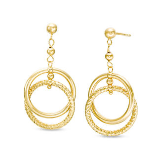 Etched Double Circle Drop Earrings in 14K Gold