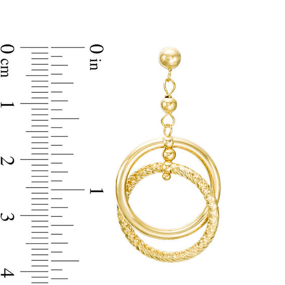 Etched Double Circle Drop Earrings in 14K Gold