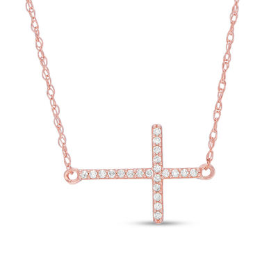 0.05 CT. T.W. Diamond Sideways Cross Necklace in 10K Rose Gold