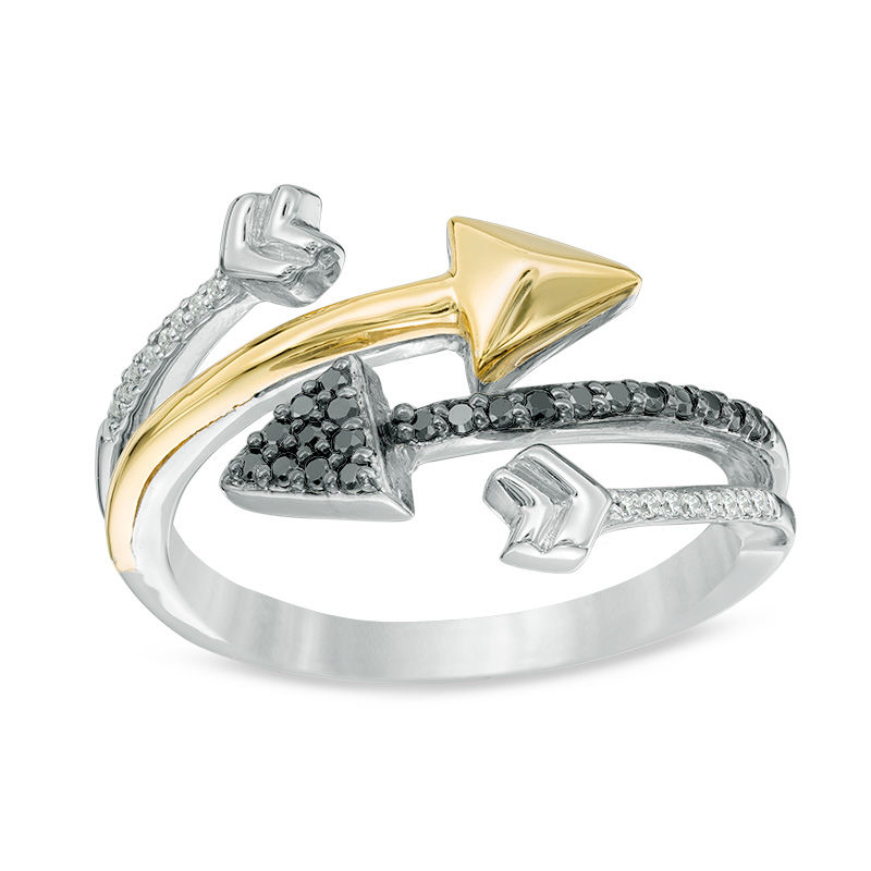 0.11 CT. T.W. Enhanced Black and White Diamond Double Arrow Wrap Ring in Sterling Silver and 10K Gold|Peoples Jewellers