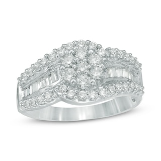 0.95 CT. T.W. Multi-Diamond Flower Bypass Ring in 10K White Gold