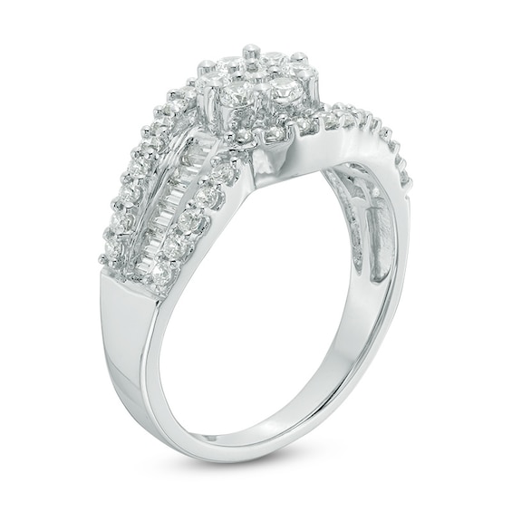 0.95 CT. T.W. Multi-Diamond Flower Bypass Ring in 10K White Gold